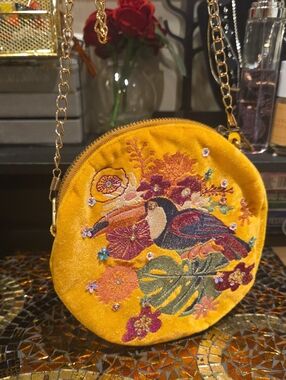 Embroidered Mustard Round Crossbody Bag with Bird Motif